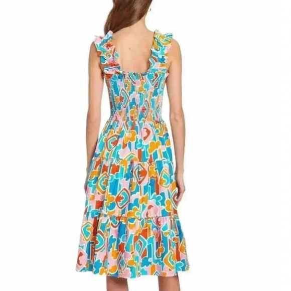 NWOT Amanda Uprichard Adelene Smocked A-Line Midi Dress Miami Print S - Picture 2 of 4